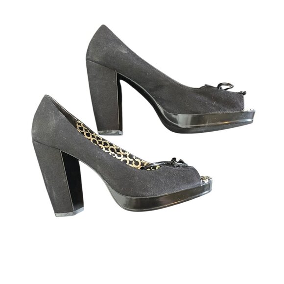 Coach Corey Black Peep Toe Bow 4" Block Heels Pumps Size 8.5B - Picture 6 of 12
